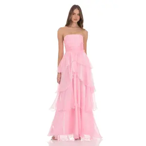Corset Petal Ruffle Strapless Maxi Dress in Pink