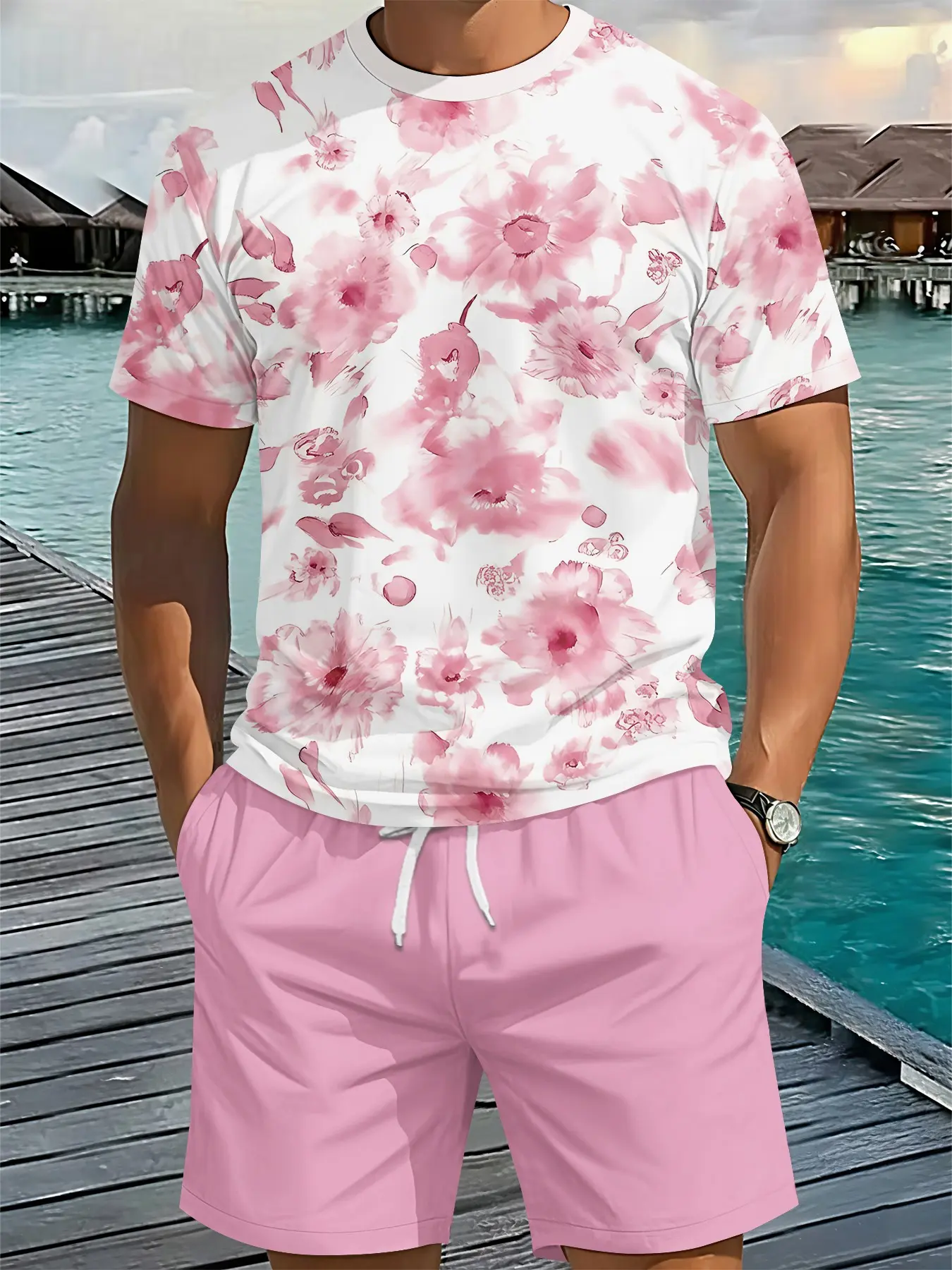 Men's 3D Digital Printed Two-piece Set with Pink-toned Ink Wash Floral Pattern, 2Pcs, Trendy Fashion Outfit, Retro Casual Two-piece Suit, Vacation-style Trendy Wear, Breathable Sports Casual Style, Perfect Festival Gift for Men