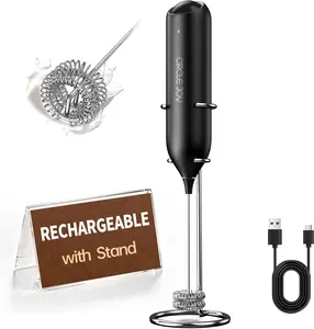 Electric Rechargeable Milk Frother Handheld with Stand, with Dual Spring Whisk
