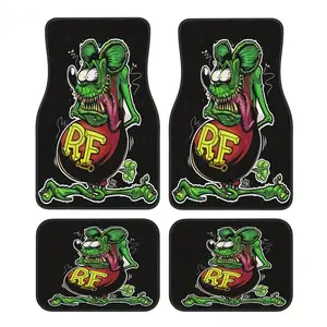 4pcs Rat Fink Style Car Floor Mats - Full Coverage Design, Soft & Non-Slip for SUVs, Trucks, All-Weather Polyester Pads, Car Interior Accessory, Truck Accessories, Automotive Interior Upgrade, Bold Graphic Design, Highquality Fabric, Suv Drivers