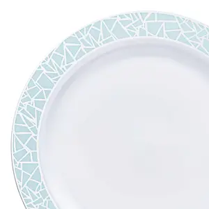 White with Turquoise Blue and Silver Mosaic Rim Round Plastic Appetizer/Salad Plates (7.5")