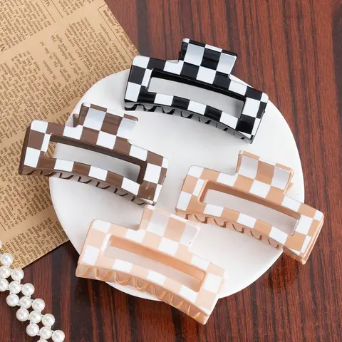 4pcs Thick Hair Claw Clips, Hair Clip Set, Hair Claws Set, Suitable For Thick & Long Hair, Matte Finish Non-Slip Rectangular Hair Clips, Neutral Colors, Checkered Pattern Hair Accessories, Holiday, Travel