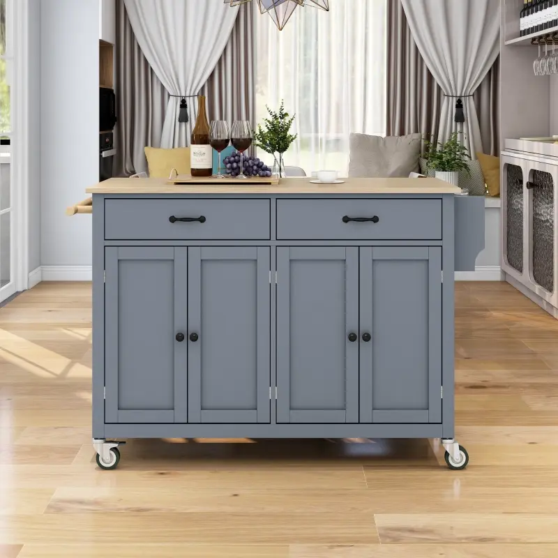 Kitchen Island Cart with Solid Wood Top and Locking Wheels,54.3 Inch Width,4 Door Cabinet and Two Drawers,Spice Rack, Towel Rack, bow cabinets, sturdy cupboards & storage cabinets, coffee table, Drawer Dresser