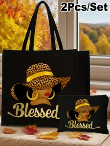 Printed Handbag Set, Large Capacity Reusable Jute Shopping Bag with Makeup Pouch, Portable Travel Beach Bag, Fashionable Shopping Bag, Ideal Gift for Students Teachers