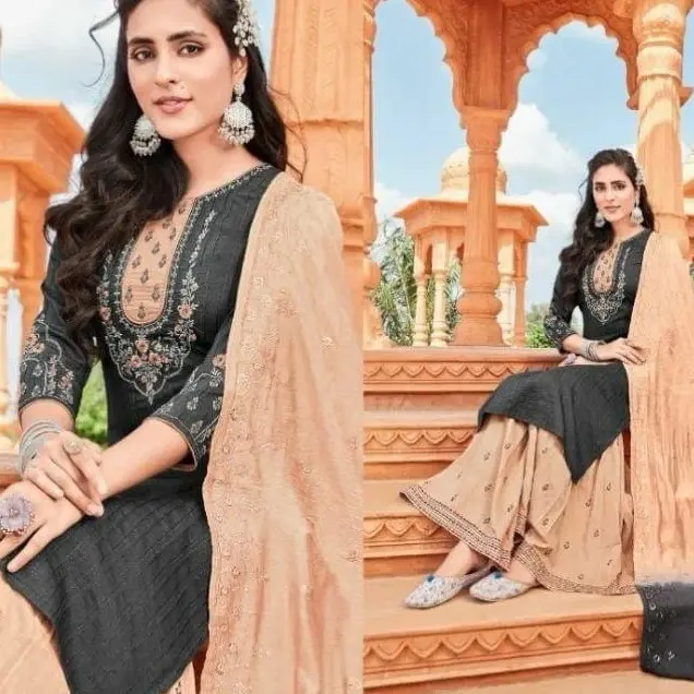 Silk Designer Embroidered Sharara Suit for Women Full Embroidery Design Pakistani Dress Viscose Fabric Fitted Bottom Asian Clothes Salwar Women's Wear