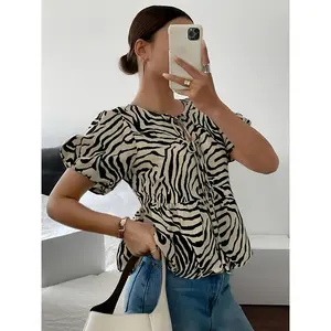 Elegant Direction Women'S New Round Neck Short Sleeve Casual Shirt with Zebra Print