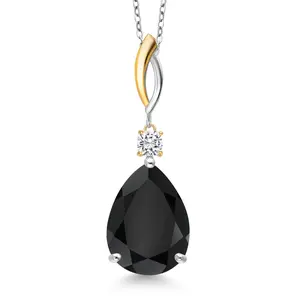 Gem Stone King 925 Silver and 10K Yellow Gold Black Onyx and White Moissanite Pendant Necklace for Women | 10.23 Cttw | Gemstone December Birthstone | Pear Shape 18X13MM | With 18 Inch Chain
