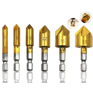 BODERI Countersink Drill Bit, Baban Countersink Drill Bit Set 6 Pcs 1/4'' Hex Shank HSS 5 Flute Countersink 90 Degree Center Punch Tool Sets for Wood Quick Change Bit 6mm-19mm