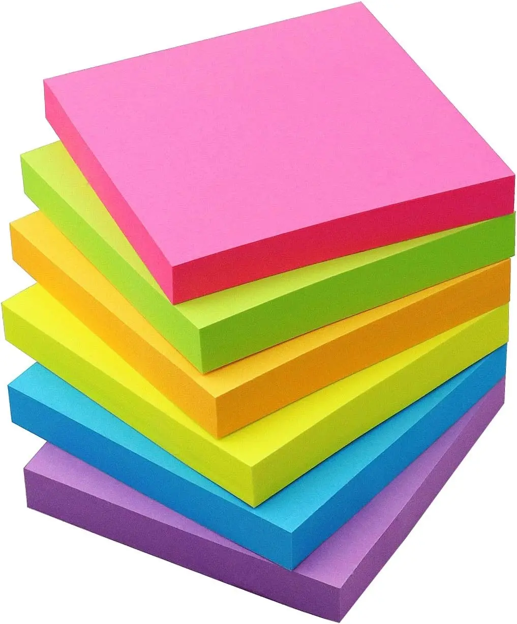 Adhesive Sticky Notes, 3x3 in Re-Sticking Pads (6 Bright Colors, 100 Sheets Each, 600 Sheets Total) - Office Stationery for Wall Surfaces, Office, School Use