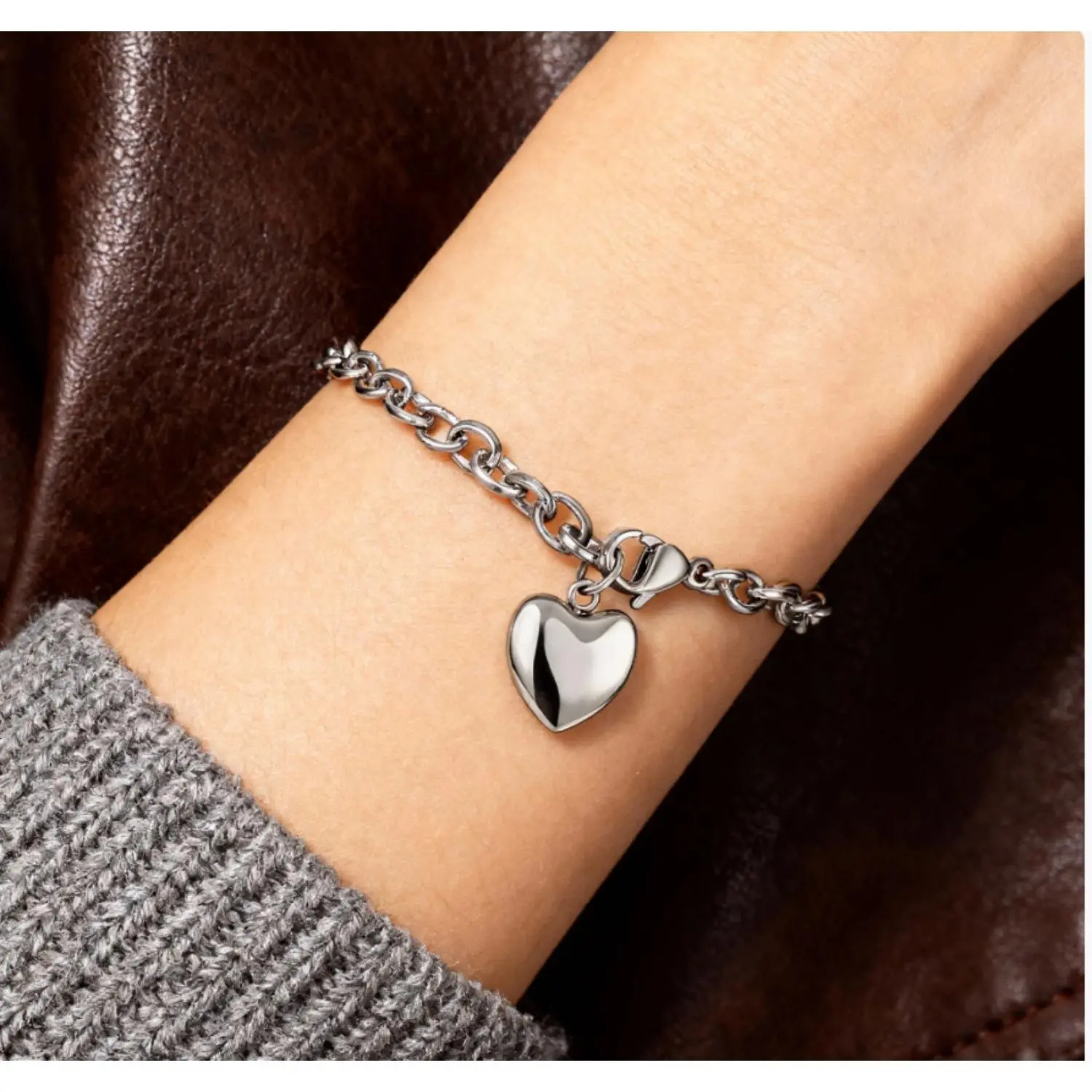 CASSIECA Women's Cute Heart Link Charm Bracelet, Stainless Steel Beads Bracelet with Rhinestone Accents, Daily Fashion Jewelry for Women, Birthday Gift, Cute Bracelet