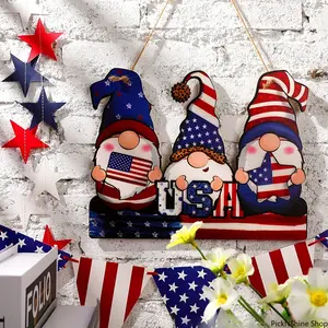 Patriotic Wooden Independence Day Welcome Sign - Printed Gnome Hanging Ornament Craft Plaque, for Home Front Door, Farmhouse Wall Decor