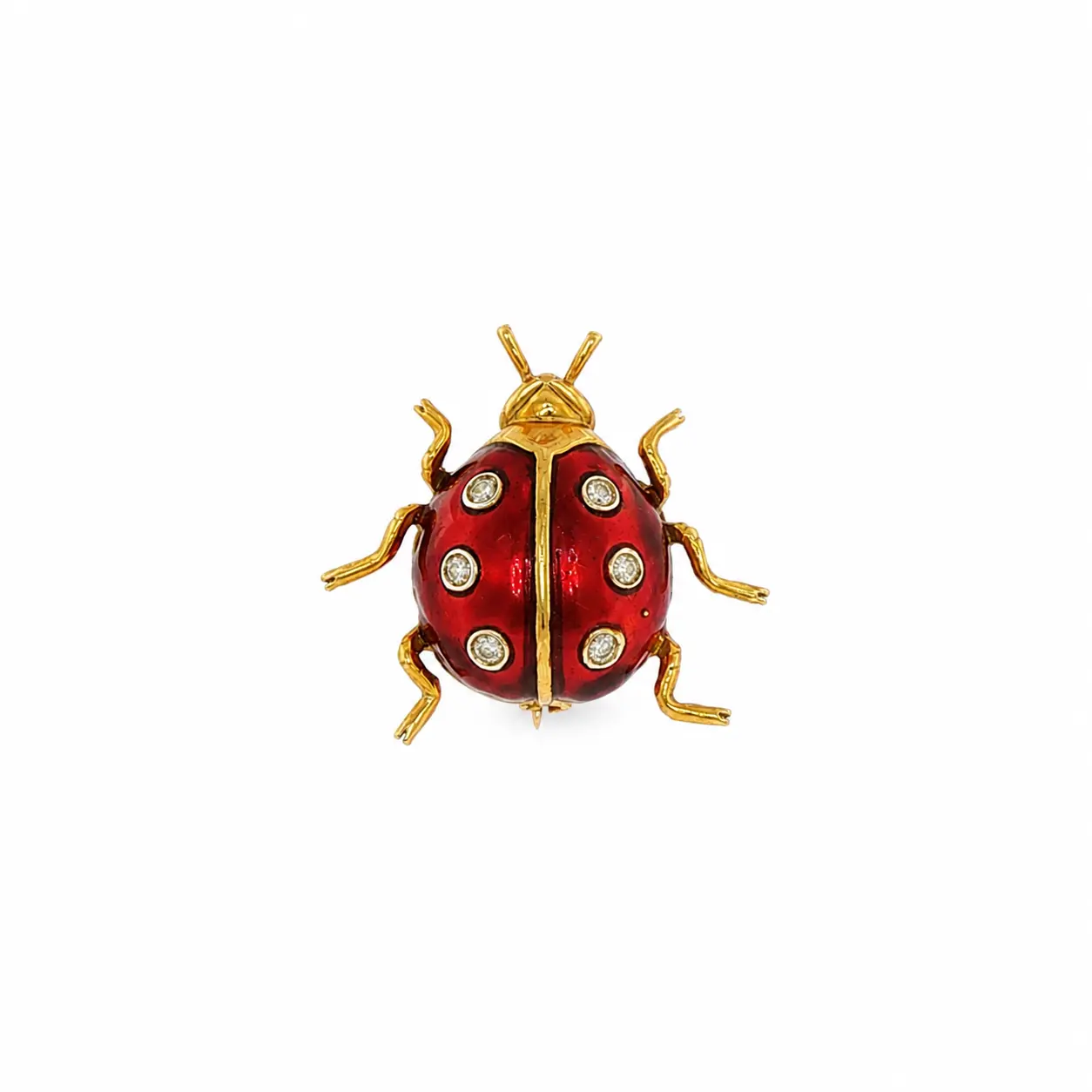 18k Yellow Gold Guilloché Enamel Diamond Ladybug Brooch