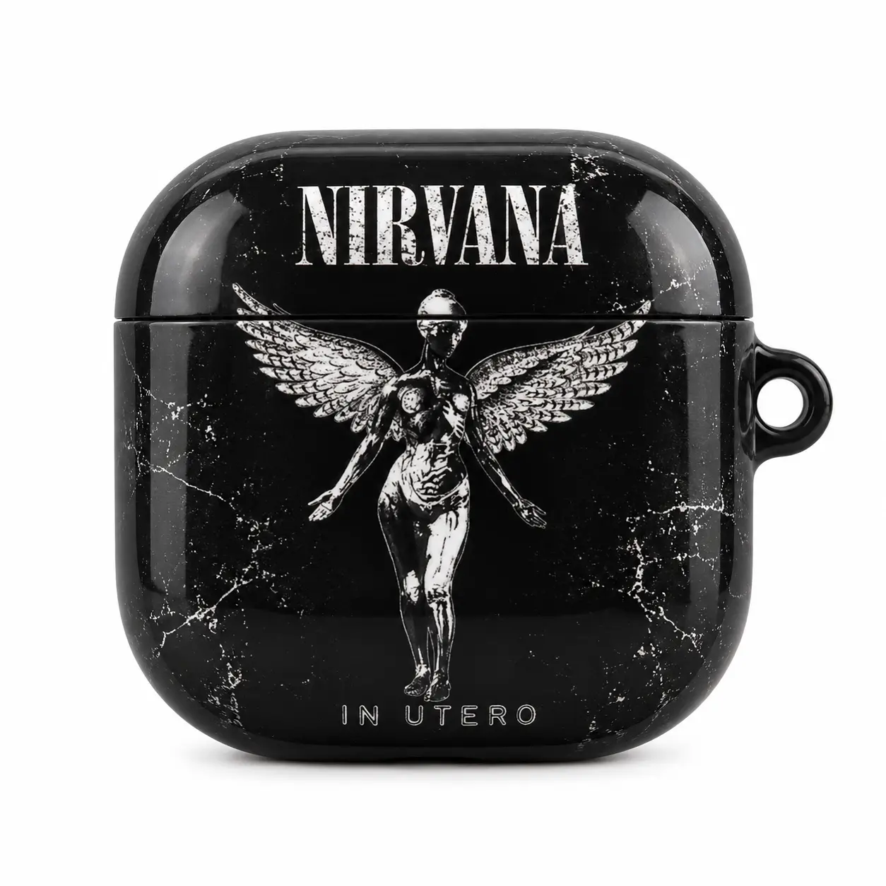 Nirvana In Utero Inspired AirPods Case – Black Grunge Angel Graphic Protective Cover, Shockproof Earbuds Case with Keychain, Gift for Rock Music Fans
