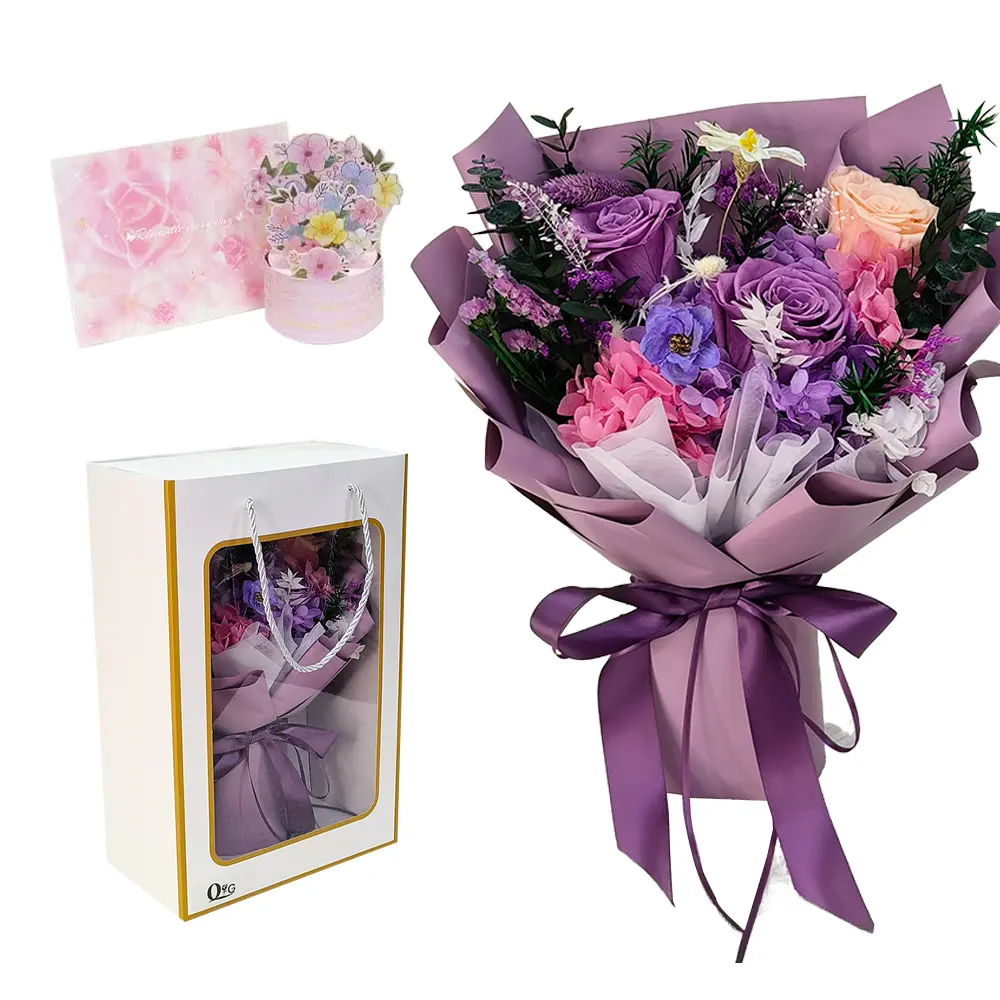 Flower Bouquet Preserved Roses Bouquet Real Roses Flowers Gift for Women Wife Anniversary Birthday Valentines Day Mothers Day Wedding Anniversary Birthday (Purple Roses and Champagne Roses) Mosstory