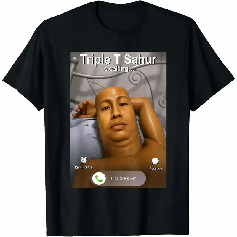 Unisex Pure Cotton Short-Sleeved T-Shirt - Funny Triple T Sahur is Calling Brainrot Meme Graphic Shirts, Good Graphic Tees, Summer Streetwear Gifts, Meme Shirts Funny