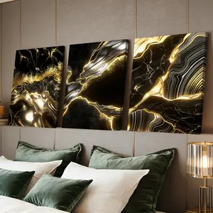 3 Counts Wooden Framed Canvas Painting, Luxury Black And Gold Abstract Fluid Images, Exquisite Poster, Perfect Gift, Decor For Living Room, Bedthroom, Modern Art, Fashion Family Poster, Wall Art Decoration