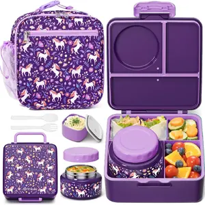 Bento Lunch Box with Thermos, Leakproof Bento Box with 8.5 OZ Insulated Food Jar, Lunch Bag & Utensils Dishwasher Safe 3 or 4 Compartment Container for School Girls Boys