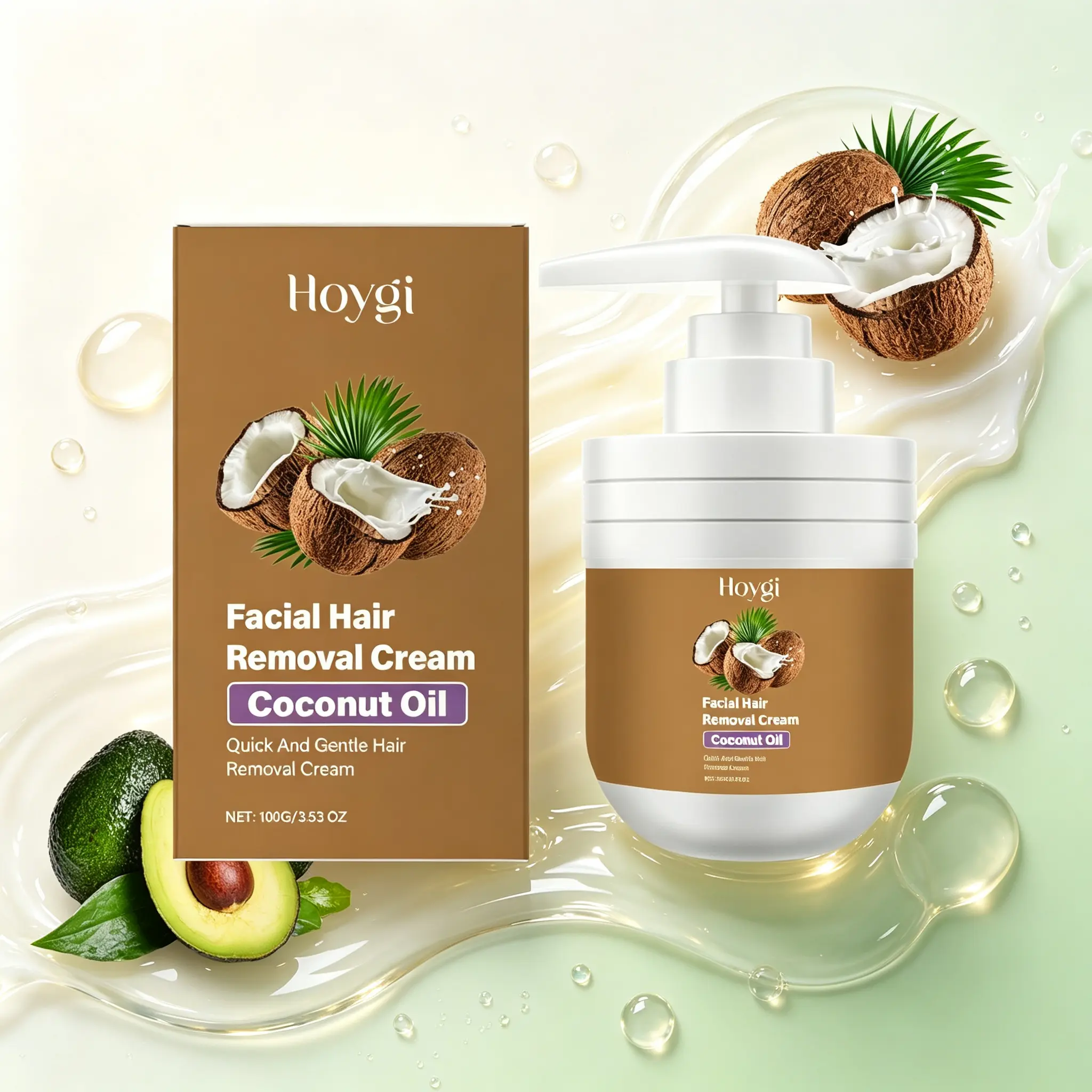 Coconut Oil Hair Removal Cream 100g - Gentle Facial & Sensitive Area Remover, Nourishing Formula, At-Home Beauty Care for Smooth Soft Skin