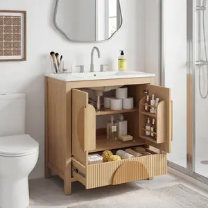 ARCH 30 Inch Fluted Bathroom Vanity with Sink - Freestanding Modern Wood Cabinet with Soft-Close Doors, 1 Drawer & Open Storage, Decorative Circular Accent, Solid Wood & MDF Build,