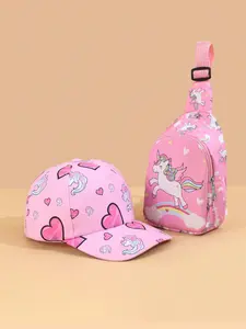 2pcs Youngsters's unicorn and love pattern fashion baseball cap and chest bag set, cute all-matching Adjustable sun hat, small storage bag, suitable for girls to go out and play outdoors, suitable for gifts Adjustable Caps