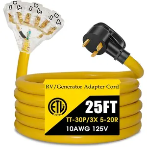 30 Amp to 20 Amp 110V RV Distribution Adapter Cord, NEMA TT-30P Male to 3X 5-15R/5-20R T- Household Outlet Female with LED Power , ETL Listed (25FT)