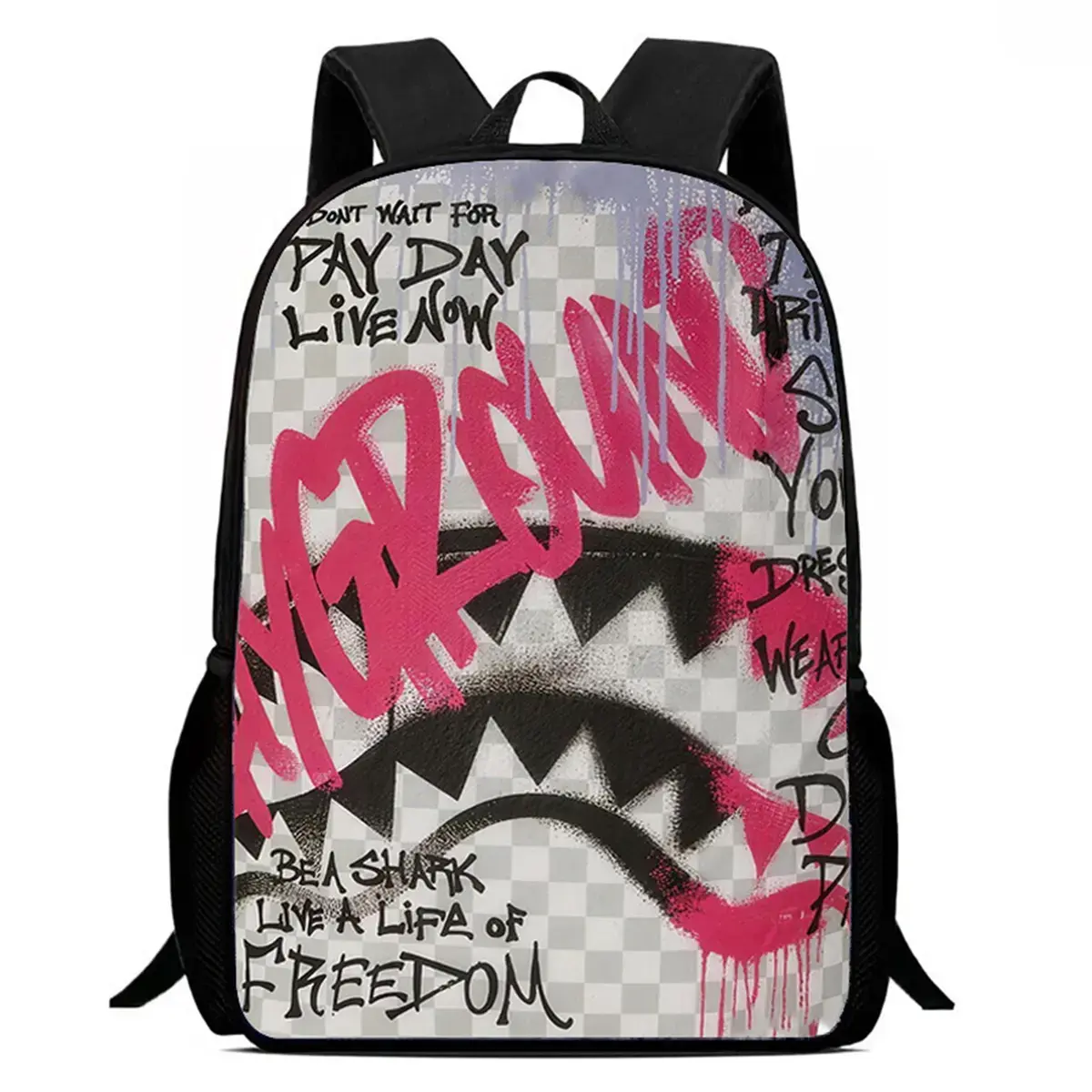 Sprayground-Style Graffiti Shark Mouth Backpack - Pink Street Art Checkerboard Print, Lightweight Polyester, Large-Capacity Laptop Backpack for Teens, Hip Hop Streetwear Travel Daypack
