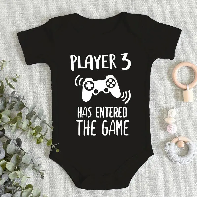 Cotton Baby Onesies with Envelope Neckline - Snap Buttons, "Player 3 Has Entered The Game" Funny Casual Bodysuits for Newborn Boys & Girls, Snaps