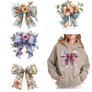 Floral Bow Pattern DIY Iron-on DTF Transfer Sticker, 6 Counts/set Washable Heat Transfer Design for T-shirts, Hoodies, Masks, Jeans & Backpacks