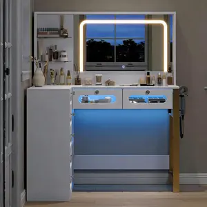 Vanity Desk with Mirror and Lights Modern Makeup Station RGB Drawers Transparent Top Power Outlet Stool Vanity Table Furniture Vanity Set with Lighting Storage Vanity Dressing Table for Bedroom summervibes