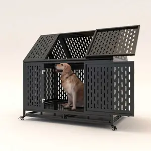 Heavy Duty inch Indestructible Pet Dog Cage Crate Kennel with Roof Top Doors Removable Trays Lockable Wheels Escape Proof