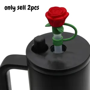 2pcs Rose straw top, cartoon sports cup lid, dust-proof drink accessories.