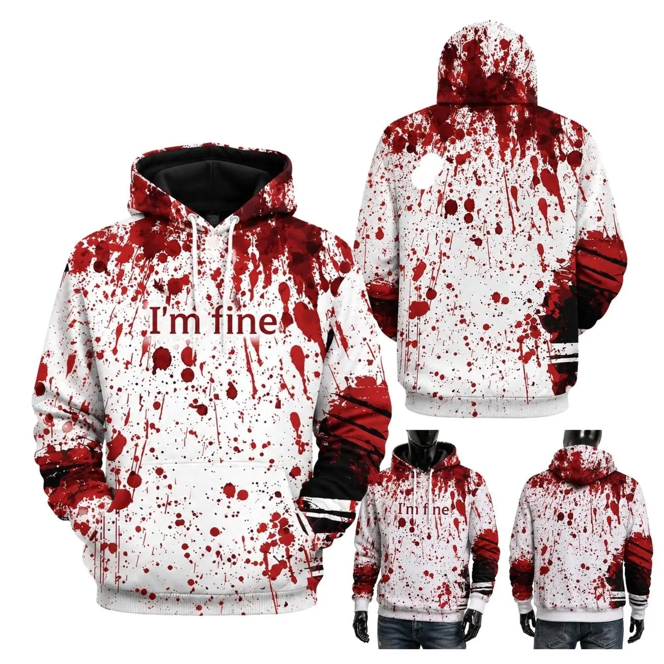 I’m Fine Horror Hoodie, Blood Splatter Halloween 3D Pullover Sweatshirt Gift