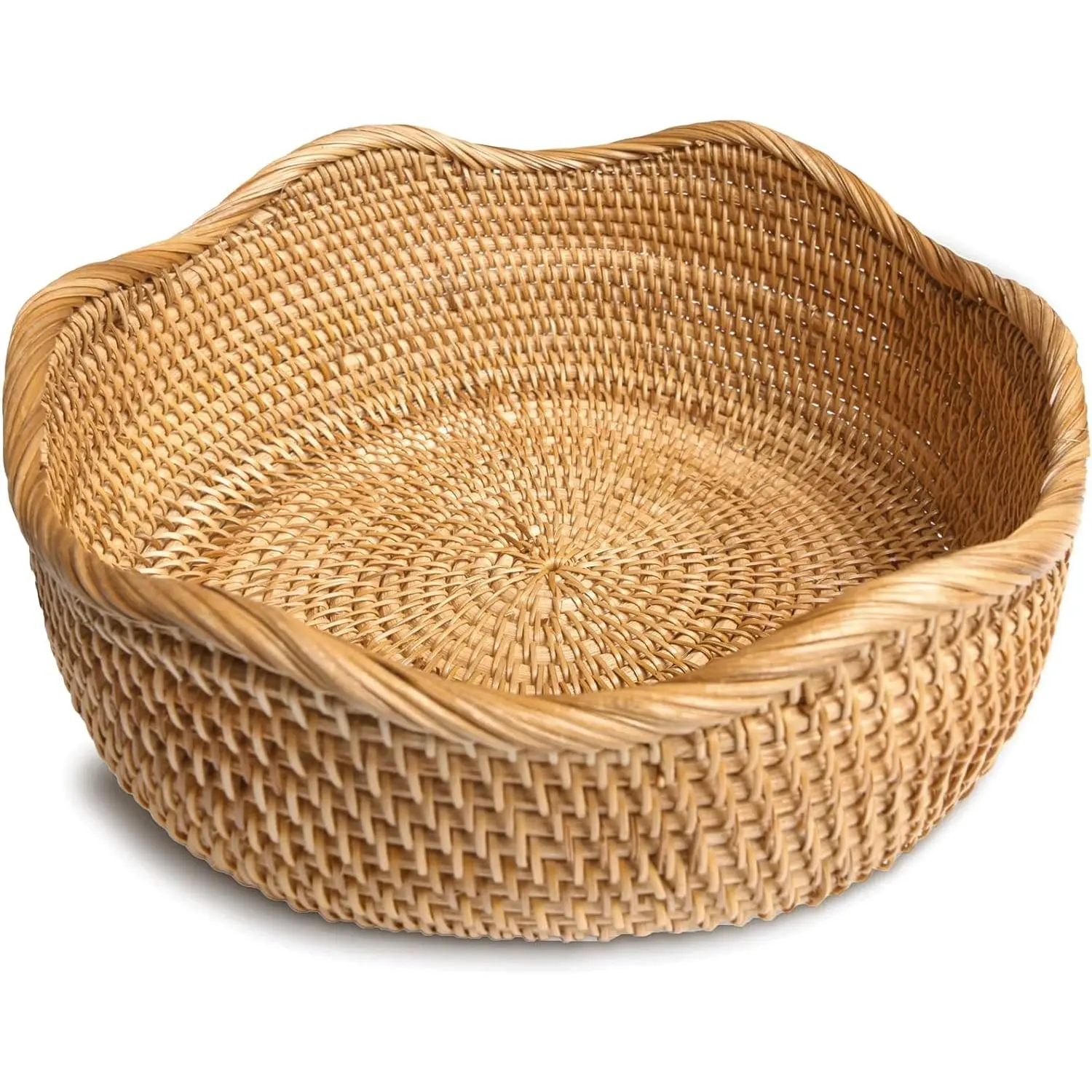 1-Piece 11.5" Large Durable Hand-Woven Honey Brown Round Rattan Bread Basket - Synthetic Wicker Storage Bowl, Modern Home Organizer Enhances Aesthetics, Practical Uses for Farmhouses, Restaurants, Kitchen Counter Organizing & Serving