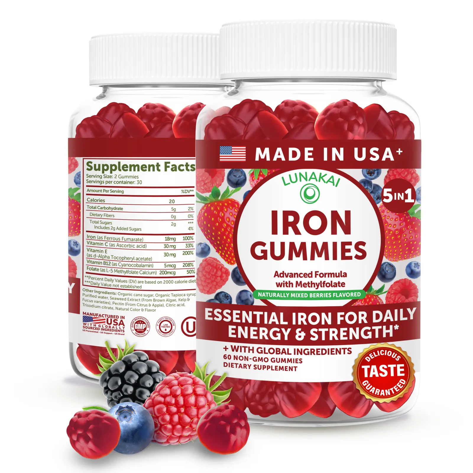 Lunakai USA Made Vegan Iron Gummies 5-in-1 with Methylfolate, Vitamin C, E & B12 - Daily Chewable Iron Supplement for Women, Men & Kids - Energy & Blood Health Support, Non-GMO, 60ct