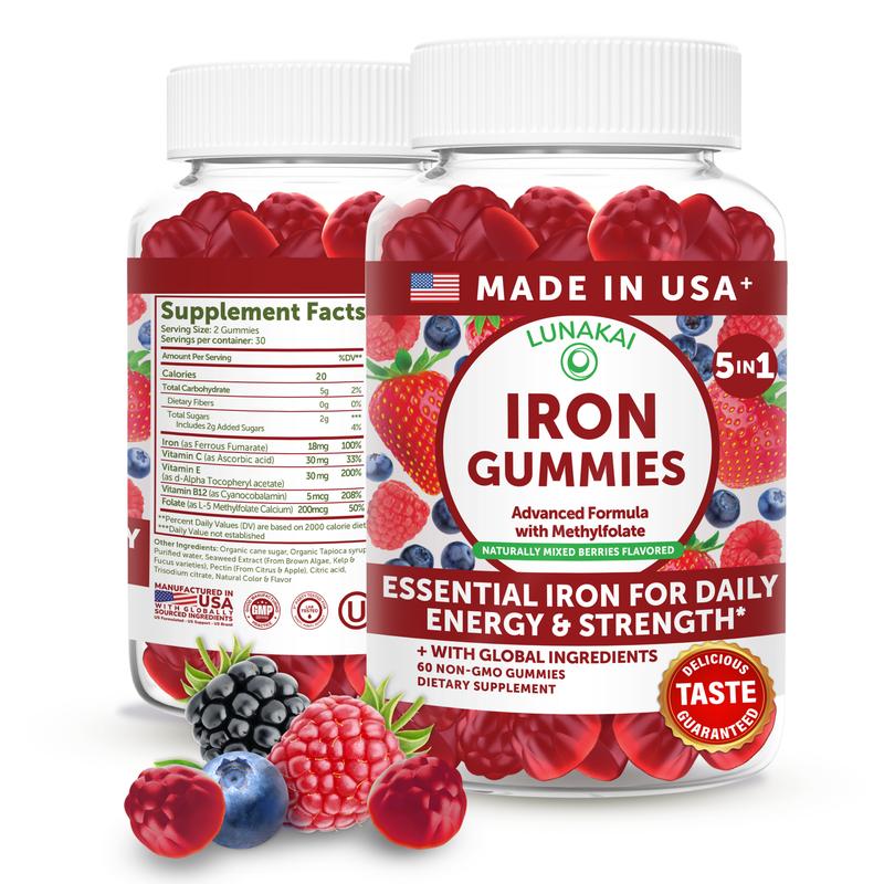Lunakai USA Made Vegan Iron Gummies 5-in-1 with Methylfolate, Vitamin C, E & B12 - Daily Chewable Iron Supplement for Women, Men & Kids - Energy & Blood Health Support, Non-GMO, 60ct