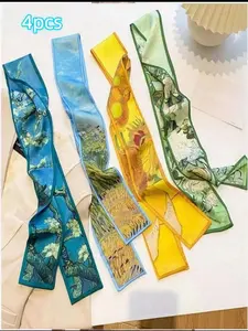 4pcs Set Women Vintage Oil Painting Floral Striped Print Silk Scarf Headband, Casual Elegant Hair Accessory, Fall Winter Hair Band
