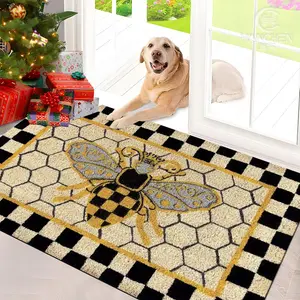 1pc Elegant Bee & Honeycomb Checkered Indoor/Outdoor Welcome Mat - Non-Slip Soft Flannel, Machine Washable Christmas Entryway for front Door, Bedside or Living Room - Cozy Bee-Themed Home Decor