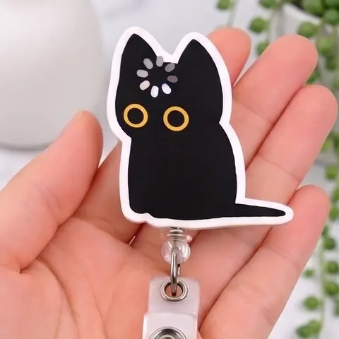 Cute Loading Black Cat Acrylic 2D Badge Reel Retractable ID Card Holder Funny Buffering Brain Novelty Name Tag Clip for Nurse Teacher Office Work
