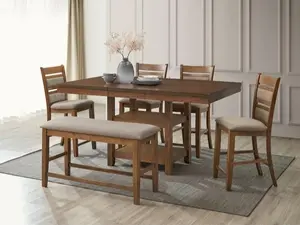 7802-6PC 6 pc Graven antique brown finish wood storage pedestal base counter height dining table with with bench