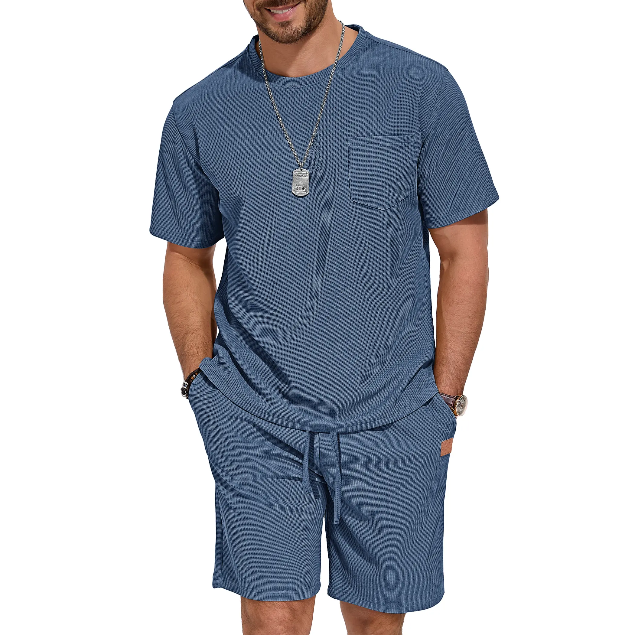 AUSELILY Menswear 2-Piece Matching Clothes Set - Men's Short-Sleeve Round Neck Waffle Knit T-Shirt, Elastic Waist Drawstring Shorts, Casual Summer Lounge Outfit, Shortsleeve