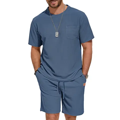 AUSELILY Menswear 2-Piece Relaxed Set - Men's 65% Cotton 35% Polyester Waffle Knit Crew Neck Short-Sleeve T-Shirt, Elastic Waist Drawstring Shorts with Back Pocket, Casual Summer Lounge Outfit