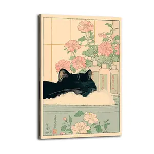 Black Cat Bathing with Flowers Wall Decor Art, Waterproof Canvas Poster, Artistic Poster for Bathroom, Bedroom, Kitchen and Living Room, and A Perfect Gift for Home