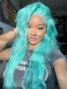 Vivid Sky Blue Lace Front Wig 26 Inch Body Wave Heat Resistant Synthetic Hair Soft & Lightweight Natural Parting Heat Resistant Wigs