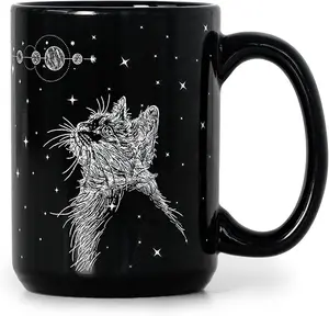 Kitty Coffee Mug for Cat Lovers - Gift for Women, Mom, Friends, Coworker, Men, Dad 16 oz - Goth Ceramic Tea Cup for Christmas,Halloween, Witchy Present Black