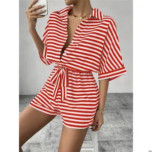 Jumpsuit Tie Sleeve Button Women Chiquease s Front Batwing Striped Casual