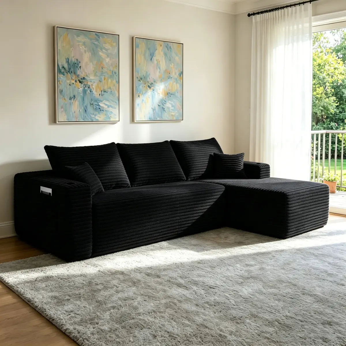Aobtkel 108 Inch Cloud Sectional Sofa, L Shaped Boneless Couch with Right Facing Chaise and Side Pockets, 3 Seat Deep Seating Plush Corduroy Modular Corner Sofa, No Assembly Required for Living Room, Apartment or Bedroom, Black