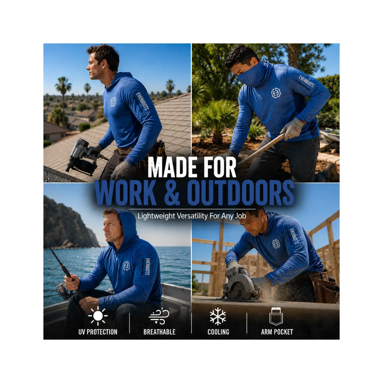 EVER BOOTS UPF +50 Long Sleeve Mens Sun Hoodie with arm pocket and face mask- 4 way stretch, Lightweight, Breathable, Moisture-Wicking, Premium Outdoor Wear for Men