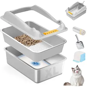 Stainless Steel Sifting Litter Box,XL  Litter Box with Lid,Pellet Litter Box for Big ,High Sides,Anti-Leakage,Easy Clean