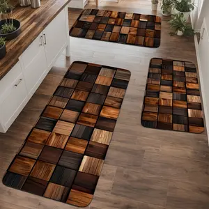 3pcs Set of Retro Wood Grain Kitchen Carpet for A Farmhouse, an Excellent Home Decoration Carpet. Made of Flannel, It Is Dry, Anti-Slip, Soft, Comfortable And Easy to Clean. It Is Suitable for Bathroom Door MAT, Bedroom, Foyer And Laundry Room kitchen car