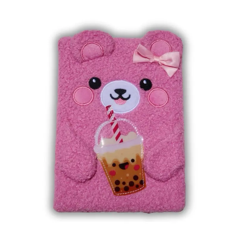 Kawaii Boba Bear Plush Notebook - Cute Back to School Hardcover Journal for Girls in Lavender Cream & Strawberry Pink Colors with 3D Features & 100+ Lined Pages